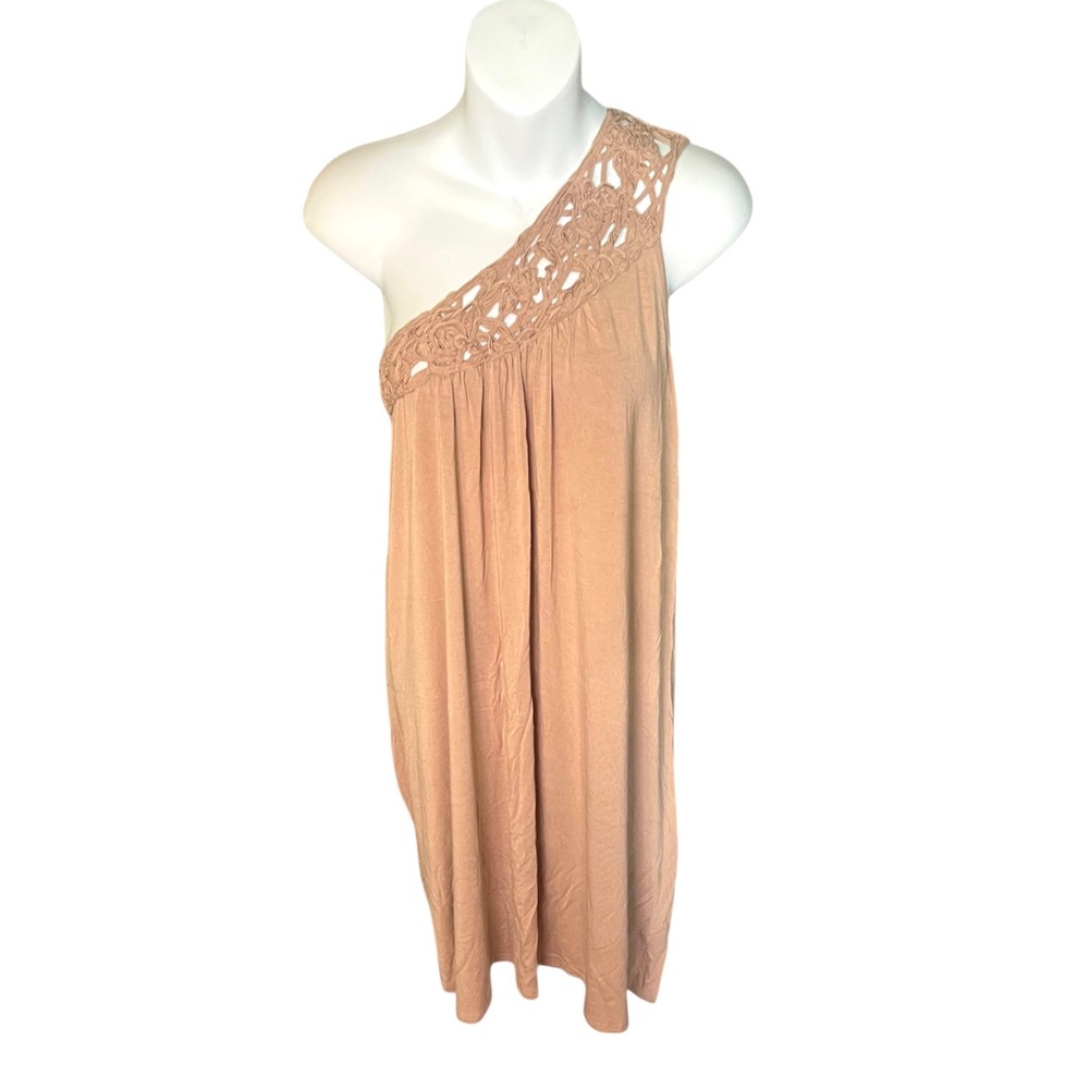 Boston Proper One-Shoulder Flowy Drape Dress Taupe Crochet Strap Detail Sz Small